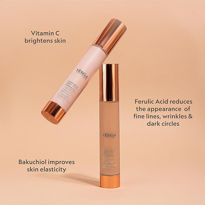 YENSA Serum Foundation Makeup - Super Silk Full Coverage Foundation Enriched with Peptides, Vitamin C & Ferulic Acid to Help Reduce Fine Lines, Wrinkles & Dark Circles - Deep 4 (1 oz)