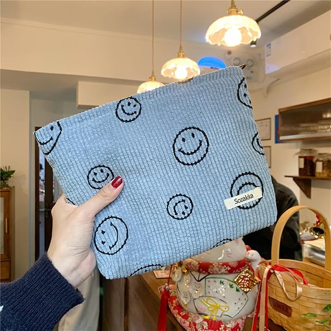 Cosmetic Bags for Women - Corduroy Cosmetic Bag Aesthetic Women Handbags Purses Smile Dots Makeup Organizer Storage Makeup Bag Girls Case Bags (A-Blue)