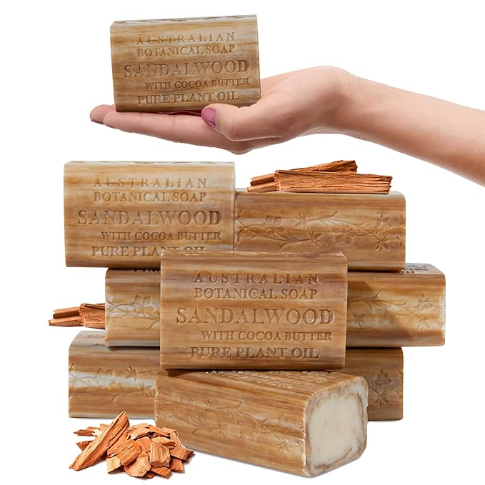 Australian Botanical Soap, 6.6 OZ, Sandalwood and Cocoa Butter, Triple Milled Bars made with a Natural Soap Base and Enriched with Organic Shea Butter, Pack of 8