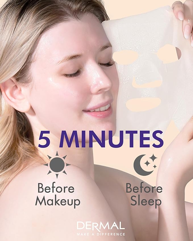 DERMAL Acai Berry Collagen Essence Facial Mask Sheet 23g Pack of 10 - Moisturizing & Firming Keeps Skin Healthy and Clean, Daily Skin Treatment Solution Sheet Mask
