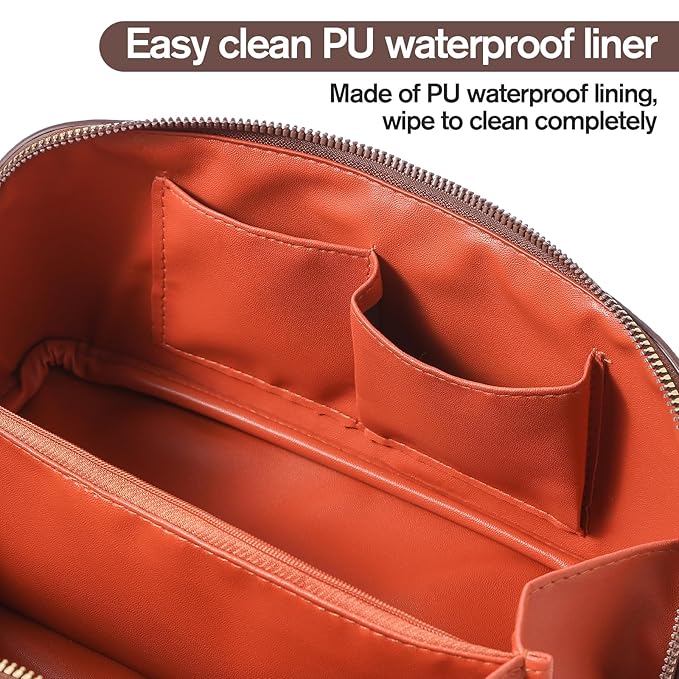 Makeup Bag, Travel Toiletry Bag for Women, Large Capacity Waterproof Plain Pattern PU Leather Cosmetic Bags Make Up Organizer Bags with Headband and Wristband Set (Light Brown)