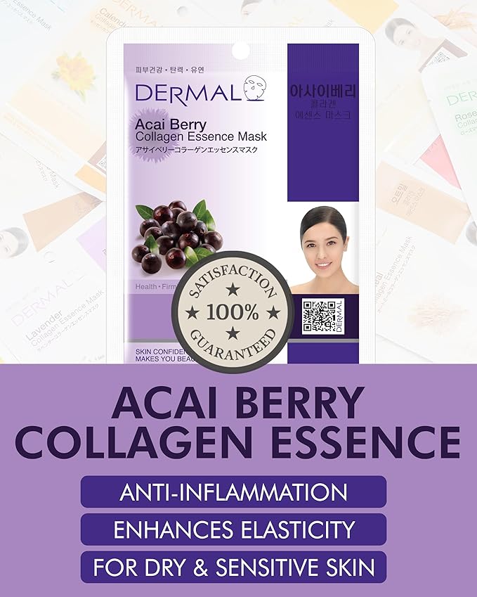 DERMAL Acai Berry Collagen Essence Facial Mask Sheet 23g Pack of 10 - Moisturizing & Firming Keeps Skin Healthy and Clean, Daily Skin Treatment Solution Sheet Mask