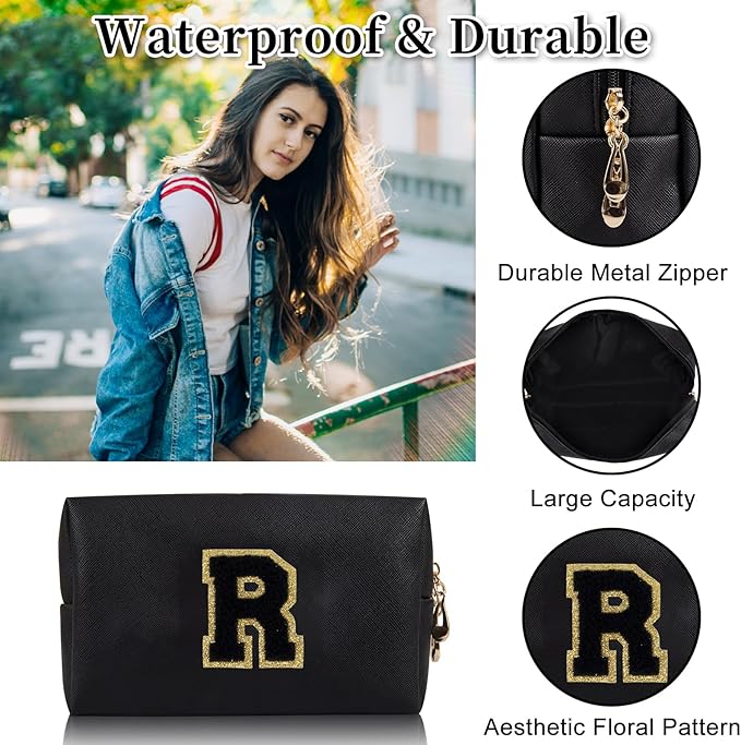 Iqimott Personalized Initial Letter Patch Makeup Bag Preppy Portable Chenille Letter Cosmetic Bag Zipper PU Leather Waterproof Travel Toiletry Bag Monogram Make Up Pouch Women Girls(Letter R)
