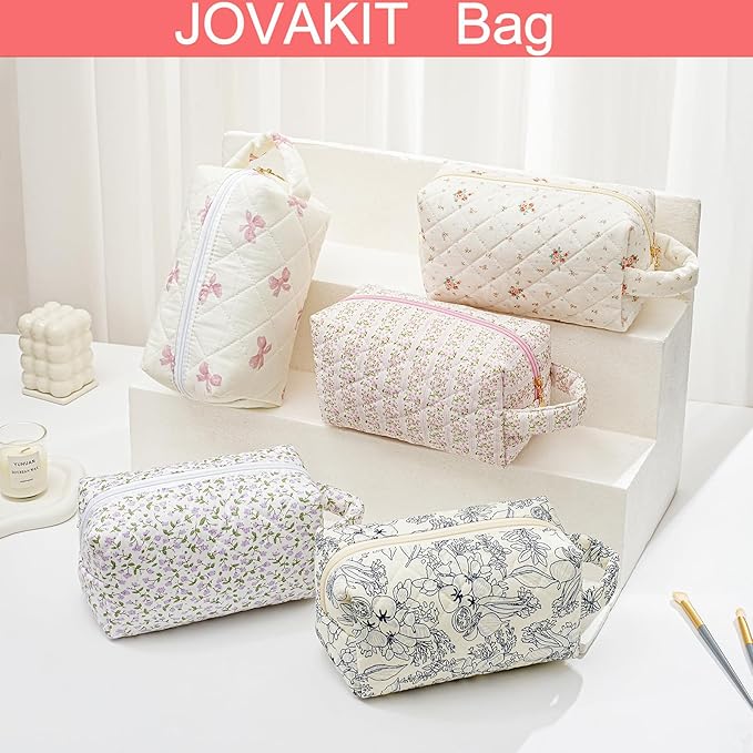 JOVAKIT Travel Makeup Bag Cosmetic Bag for Women, Christmas Gifts, Small Floral Flowers Coquette Toiletry Bag with Handle, Zipper Make Up Pouch Organizer Bag Trendy Stuff (Pink Bow Tie)
