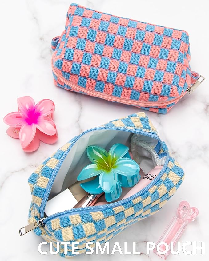 PAZIMIIK 2PCS Checkered Makeup Bag for Purse Portable Zipper Make Up Pouch Small Cosmetic Case for Travel Accessories Blue Beige