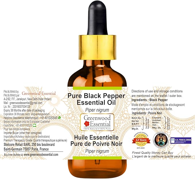 Greenwood Essential Pure Black Pepper Essential Oil (Piper nigrum) with Glass Dropper Steam Distilled (Pack of Two) 100ml X 2 (6.76 oz)