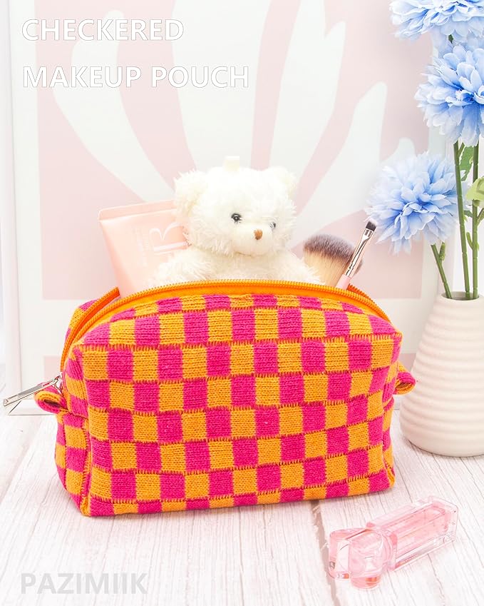 PAZIMIIK 2PCS Checkered Makeup Bag for Purse Portable Zipper Make Up Pouch Small Cosmetic Case for Travel Red Orange