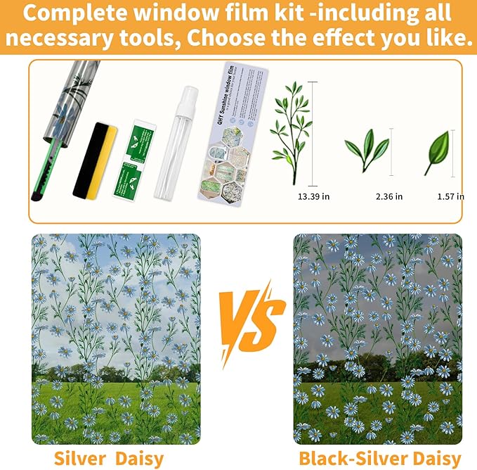 One Way Privacy Film, Window Tint for Home,Daytime Reflective, Anti UV Static Cling Sliding Door Coverings No Glue Garage Solar Paper (Black - Silver-Daisy, 23.6 x 78.7 in)