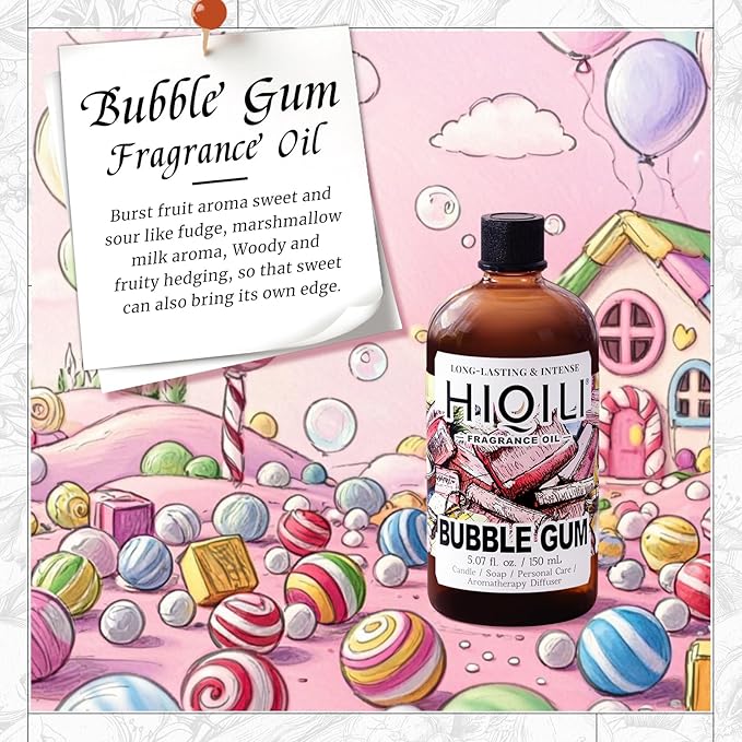 HIQILI Bubble Gum Fragrance Oil for Candle, Soap & Bath Bombs Making, Long Lasting Candy Scents, Home Diffuser Use - 5.07 Fl Oz