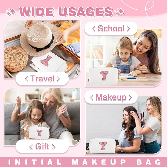 Small Initial Patch Makeup Bag Personalized Gifts Make Up Bag,White Cute PU Leather Glitter Letter Cosmetic Bag with Zipper,Trendy Portable Travel Toiletry Pouch,Preppy Stuff for Teen Girls Women Y