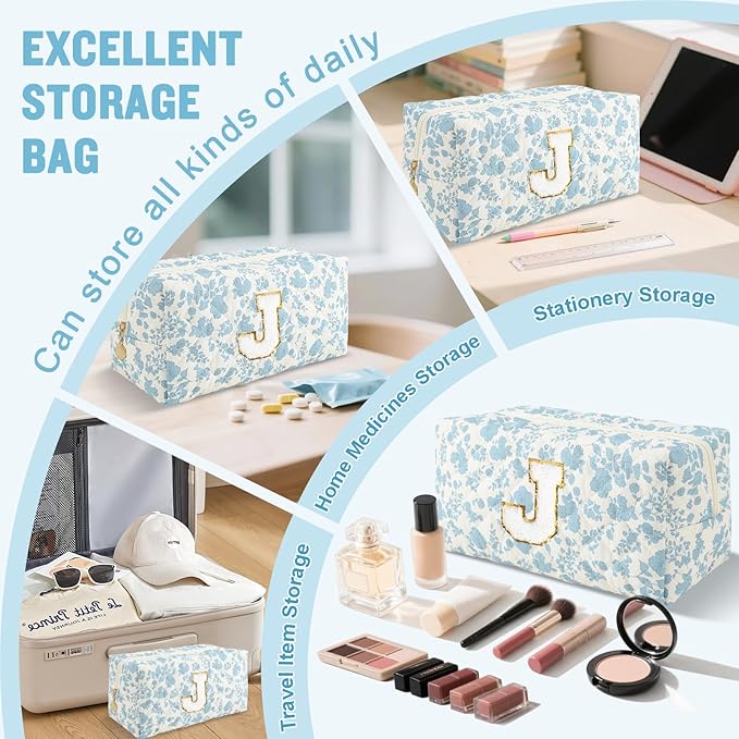 Personalized Quilted Cosmetic Bag, Puffy Monogrammed Christmas Birthday Gifts for Women & Girls, Cute initial Floral Makeup Bag Puffer Coquette Bag, Aesthetic Travel Toiletry Zipper Pouch(Blue,J)