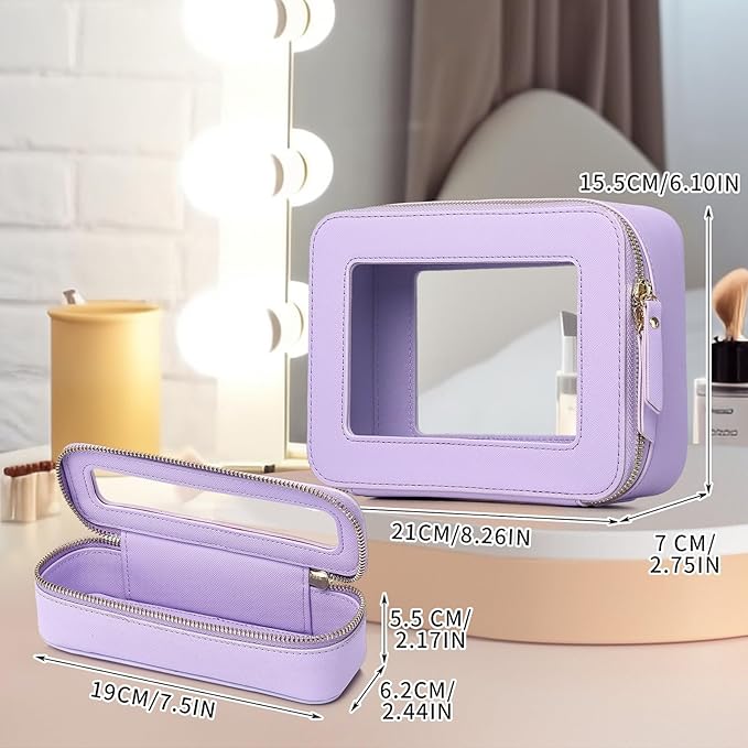 Pinkmik Travel Clear Makeup Bag with Brush Case TSA Approved Toiletry Bag Waterproof Cosmetic Organizer with Zipper Car Essential for Women (X/Purple, M+SLIM)