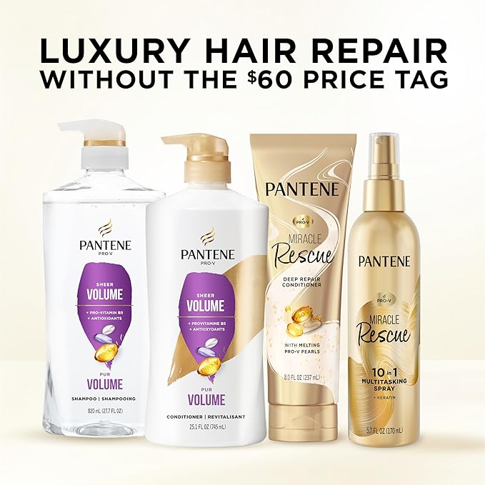 Pantene Shampoo, Sheer Volume - Lightweight Nourishment for Fine, Color-Treated Hair, 72-Hour Fullness and Body, 27.7 Oz Each, 2-Pack + Miracle Rescue Shot (0.5 Oz)