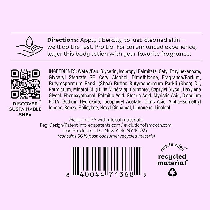 eos Shea Better Body Lotion, Fresh & Cozy, 24-Hour Moisture Skin Care, Lightweight & Non-Greasy, Natural Shea, Vegan, 16 fl oz