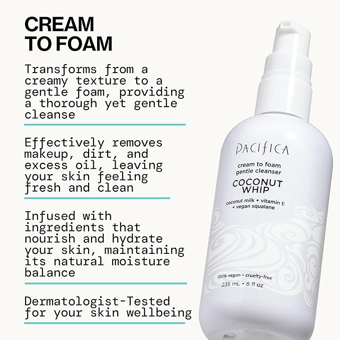 Pacifica Coconut Whip Cream to Foam Face Wash - Gentle Hydrating Facial Cleanser for Dry & Sensitive Skin, Moisturizing Daily Face Wash, Non-Comedogenic Vegan & Cruelty-Free, Dermatologist Tested 8oz