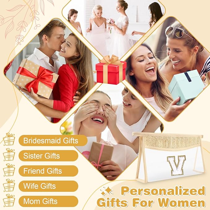 Personalized Initial Letter Bag Boho Straw Clear Makeup Bag,Small Cute Chenille Varsity Letter Pouch With Zipper,Beach Travel Toiletry,Portable Monogrammed Cosmetic Bag for Women Girls,V