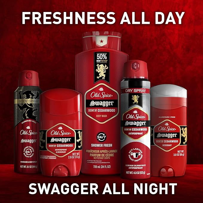 Old Spice Refreshing Body Wash for Men, 3X Defense, 24/7 Shower Fresh with Long Lasting Scent, Red Collection, Swagger with Cedarwood Scent, 24 oz (Pack of 2)