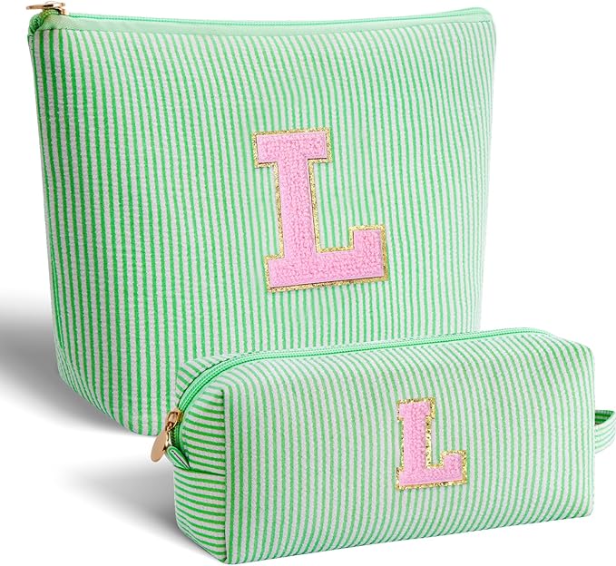 Monogrammed Gifts for Women - Cosmetic Bag for Teen,Initial Cute Makeup Bag Set for Women,Trendy Pouch for Niece Sister Friend Female Her,Birthday Gifts for Daughter - Green,L