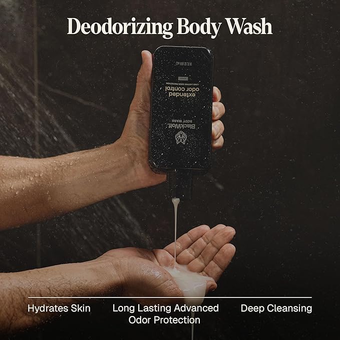 Black Wolf Deodorizing Body Wash for Men - Mens Long-Lasting Shower Gel Fights Body Odor - Hydrating & Moisturizing Body Cleanser Soap Removes Grime, Sweat & Buildup - Clean & Crisp Agave Scent