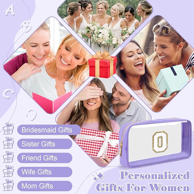 Personalized Initial Letter Clear Makeup Bag,Preppy Small Nylon&PVC Cosmetic Zipper Bag with Chenille Letter,Travel Skincare Toiletry Bag,Monogram Christmas Gift for Teen Girls Women,O