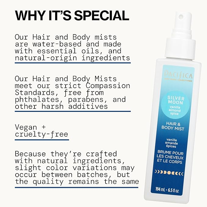 Pacifica Hair Perfume & Body Fragrance Spray Mist - Silver Moon with Vanilla, Almond & Spice – Alcohol-Free, Vegan & Cruelty-Free, 6.5 oz