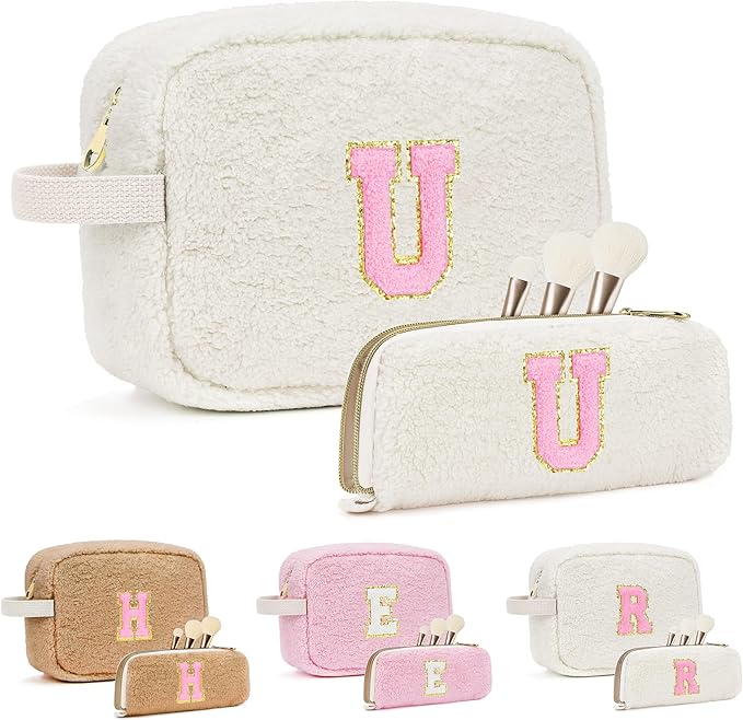 for Christmas Day Gifts, Travel Makeup Bag for Women, Initial Make Up Bag Set for 6 7 8 9 10 11 12 13 Years Old Kids Tween Girls, Large Cosmetic Skincare Bags for Birthday Gifts, White U
