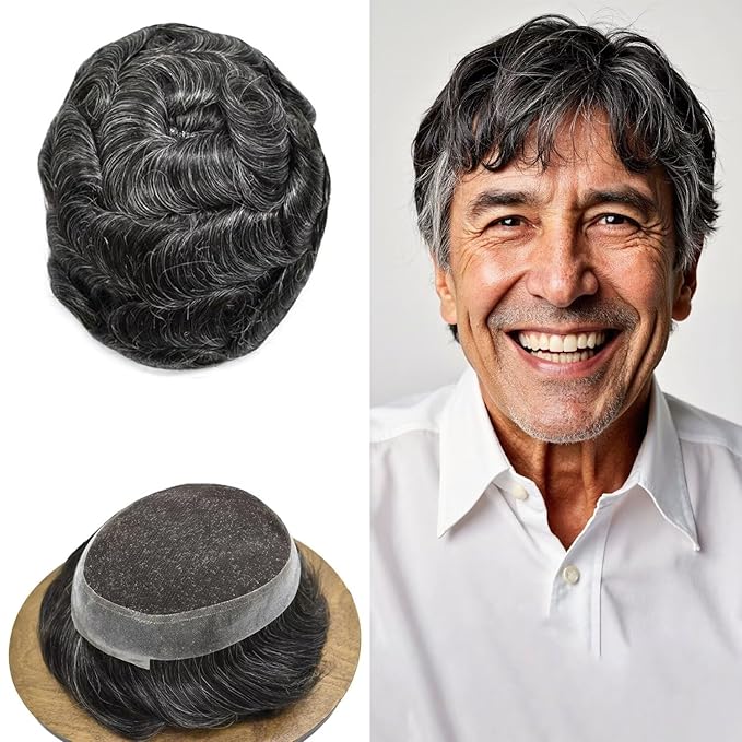 FACE MIRACLE Hair System for Men French Lace Mens Toupee Human Hair Replacement System Lace with PU Toupee for Men Male Hair Piece Wigs 8"X10" #1B40 1B# OFF BLACK WITH 40% SYNTHETIC GREY