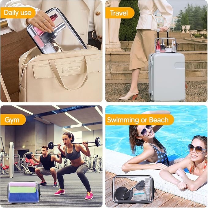 3Pcs Clear Zipper Pouch, PVC Plastic Cosmetic Travel Bag, Portable Travel Organizer Bins, Durable Makeup Bags for Storage, Pencil Case(Black-13.8+9.9+7.5inch)
