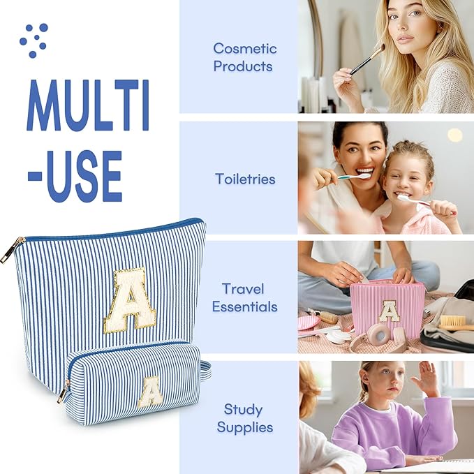 2 PCS Initial Makeup Bags for Women: Cosmetic Bag for Travel Toiletry - Birthday Gifts for 11 12 13 14 15 16 17 18 Years Old Girl Graduation Teacher Gift- Teen Girl Gifts Trendy Stuff - Blue O