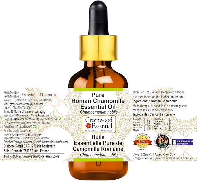 Greenwood Essential Pure Roman Chamomile Essential Oil (Chamaemelum nobile) with Glass Dropper Steam Distilled 30ml (1.01 oz)