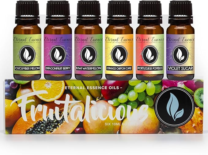 Eternal Essence Oils Fruitalicious Set of 6 Premium Fragrance Oils - Violet Sugar, Kiwi Watermelon, Orange Chiffon Cake, Cucumber Melon, Portuguese Pomelo, and Dragon Fruit Berry Scented Oils - 10ML