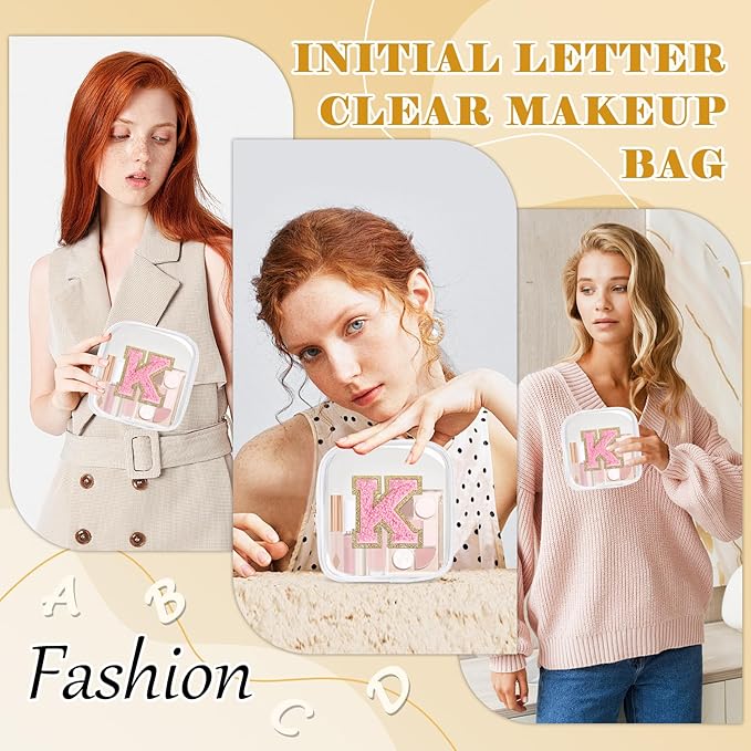 Personalized Initial Letter Clear Preppy Makeup Bag,Mini Nylon Chenille Letter Cosmetic Bag Cute Zipper Pouch Purse for Teen Girls,Portable TSA Approved Beach Travel Essentials Bag Gift for Women,K