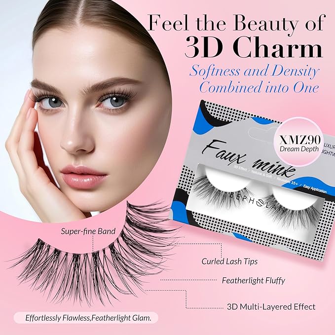 Eyelashes Natural Look False Lashes - Bepholan Fake Eyelashes 5D Super Fluffy False Eyelashes Clear Band Wispy Lashes 3-Pack Faux Mink Lashes,XMZ90-3