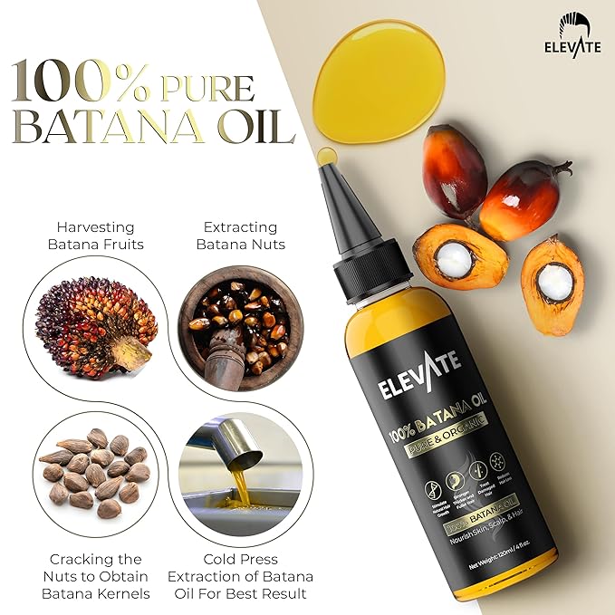 Elevate Batana Oil for Hair Growth | 100% Pure & Natural Raw Organic Oil from Honduras | Cold Pressed & Chemical-Free Serum for Thickness & Scalp Care Skin | Thicker Stronger Hair | 1 Pack | 4 Fl Oz