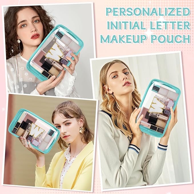Personalized Initial Clear Makeup Bag, Travel Chenille Patch Cosmetic Bag, Preppy Toiletry Bag Monogram Cosmetic Pouch with Zipper, Ideal Gift for Teen Girls Women (Clear-Green, W)