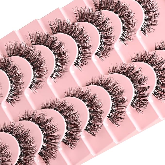 FARRED Cat Eye Lashes Natural Fake Strip Eyelashes Invisible Band Mink Eyelash Strips Wispy Full Volume False Lash Pack 10 Pairs 8-14 mm Short Demi Wispies Pestañas Postizas that Looks Like Extensions