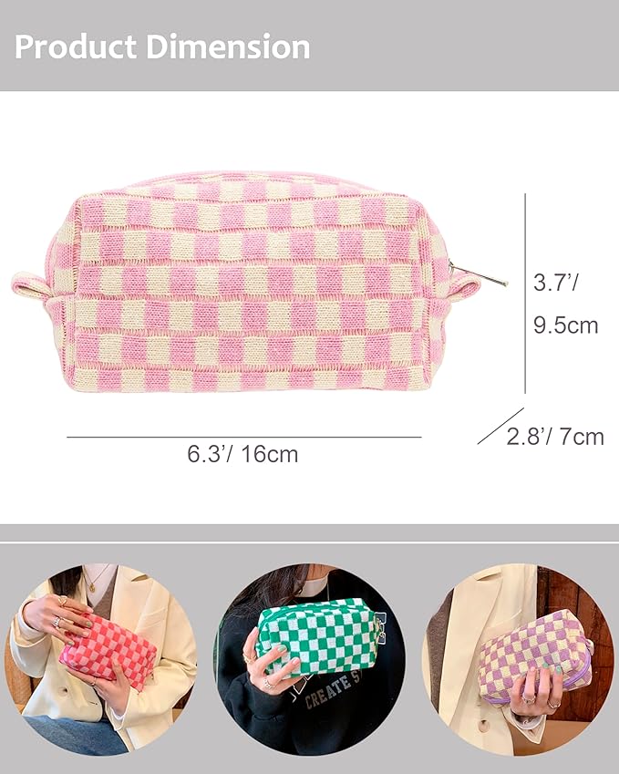 PAZIMIIK Checkered Makeup Bag for Purse Portable Zipper Make Up Pouch Small Cosmetic Case for Travel Accessories Pink Beige
