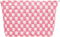 Knitted Checkered Makeup Bag Large Zipper Make Up Accessory Pouch for Purse Cosmetic Brush Bag for Travel Essential Pink White