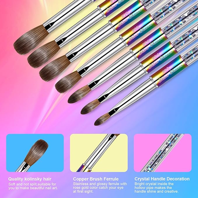 Acrylic Nail Brush Size 8, 100% Real Kolinsky Art Nail Brush for Acrylic Powder Application, Handmade Women Manicure Nail Extension Tool for Professional DIY Home Salon and Beginners