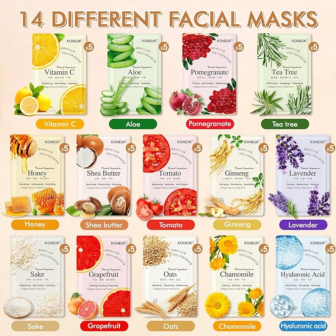 70 Pack Sheet Face Masks Skincare, Hydrating Face Masks Suitable for All Skin Types, Bulk Facial Mask Gifts Set for Women Skin Care, Home Skincare Spa for Sensitive Skin