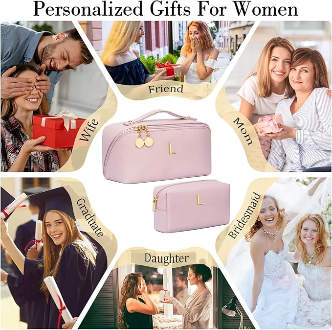 Birthday Gifts for Women Teen Girl, Personalized Initial Makeup Organizer Bag Set, Open Flat Travel Cosmetic Bag With Clear Divider and Handle(Pink,L)