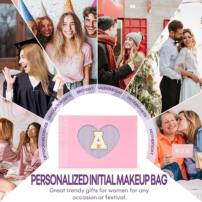2 PCS Initial Makeup Bags for Women: Cosmetic Bag for Travel Toiletry - Birthday Gifts for 11 12 13 14 15 16 17 18 Years Old Girl Graduation Teacher Gift- Teen Girl Gifts Trendy Stuff - Purple K
