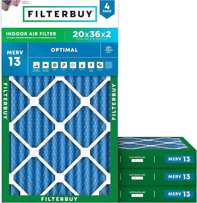 Filterbuy 20x36x2 Air Filter MERV 13 Optimal Smoke & Allergy Defense, by Filterbuy