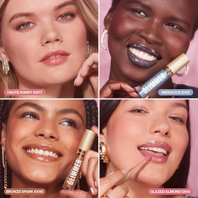 REVLON Super Lustrous Glimmer Gloss, Non-Sticky Lip Gloss, High-Shine Finish, Plant-Based Glitter, 007 Haute Honey, 0.13 fl oz