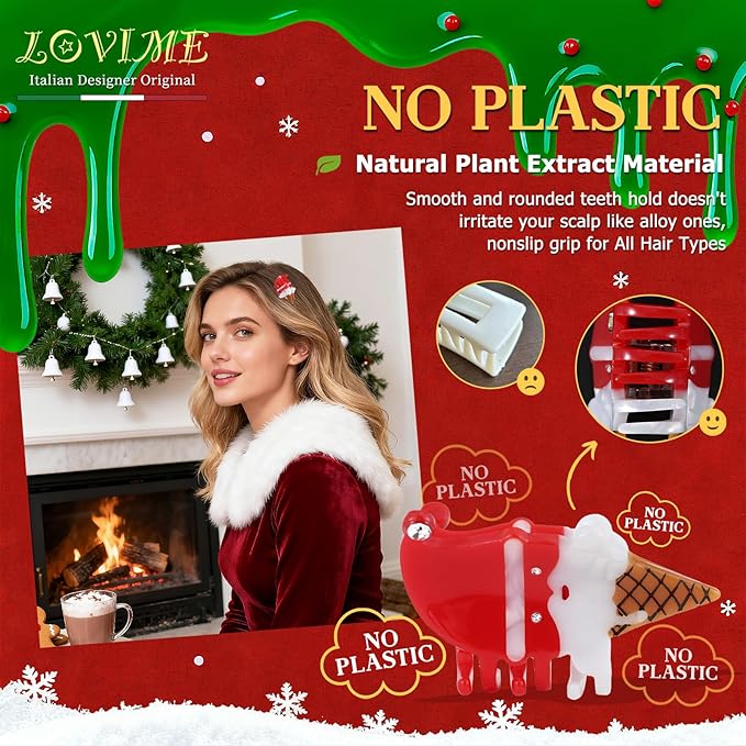 Original Italian Designed Mini Christmas Hair Claw Clips for Women, Strong Grip Plant-Based Acetate Hair Clips for Girls, Cute Santa Ice Cream Hair Accessories with Gift Box 1pcs