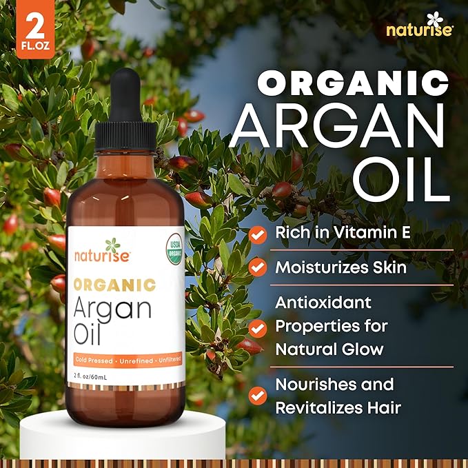 Organic Argan Oil for Hair & Skin – Cold Pressed, Unrefined, Pure Argan Oil of Morocco for Face Skin Moisture & Hair Growth – Non-GMO, Gluten Free Oils with Vitamins & Fatty Acids (2 fl. oz.)