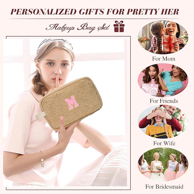 for Christmas Day Gifts, Personalized Initial Cosmetic Bag Pouch for Teen Girls, Preppy Makeup Travel Bags for Daughter Sister Girlfriend, Monogramed Make Up Pouch for Birthday Gifts - Brown U