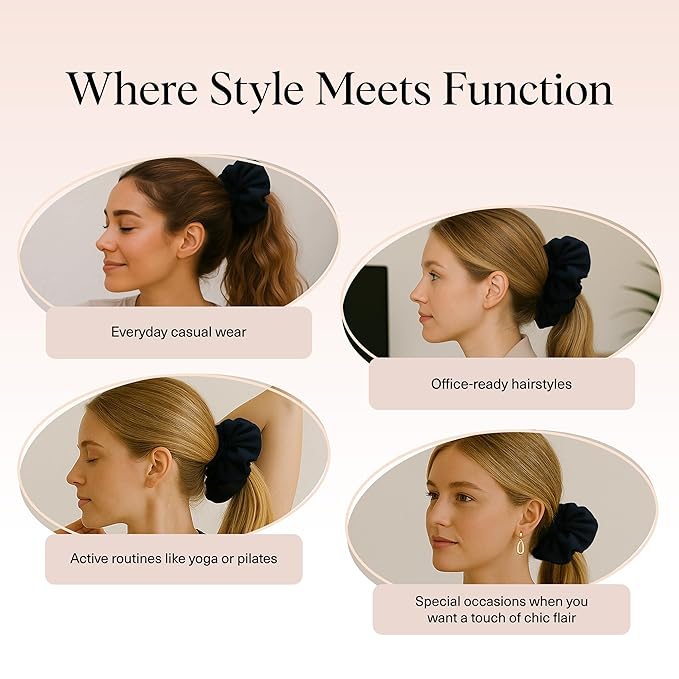 Kitsch Recycled Satin Ruffle Scrunchie – Gentle Hair Scrunchie for Women, Eco-Friendly Hair Tie No Damage, Stylish Ponytail Holder | Ideal Gifts for Women - Black