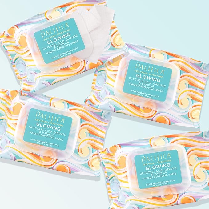 Pacifica Beauty | Glowing Makeup Remover Wipes | Gycolic Acid, Coconut Water, Aloe Infused | Daily Cleansing + Exfoliating | Clean Skin Care | Plant Fiber Facial Towelettes | 4 Count | Vegan