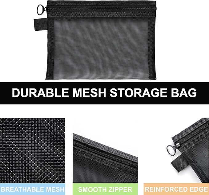 Quotidian Flat Clear Mesh Makeup Storage Pouch Blue Toiletry Bag Travel Organizer 3-Size Pack of 9 - Camping Holiday Work School Supplies